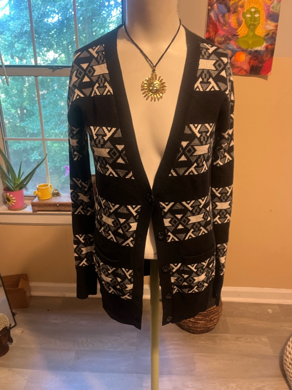 Mossimo Supply Co. Black and White Geometric Button-Front Cardigan Career